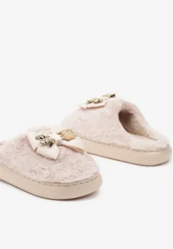 Ciemnobeżowe Kapcie na Platformie Ozdobione Futerkiem Aplikacją i Kokardą Feziara