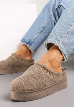 Ciemnobeżowe Kapcie na Platformie z Ozdobną Lamówką Topora