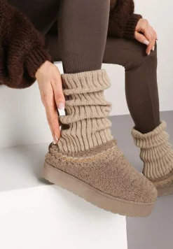 Ciemnobeżowe Kapcie na Platformie z Ozdobną Lamówką Topora