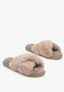 Ciemnobeżowe Kapcie Vices z Futerka ze Skrzyżowanymi Paskami Selanthra