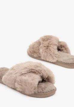 Ciemnobeżowe Kapcie Vices z Futerka ze Skrzyżowanymi Paskami Selanthra