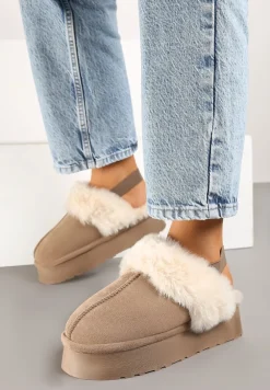 Ciemnobeżowe Kapcie w Stylu Śniegowców z Paskiem i Futerkiem Vortiella