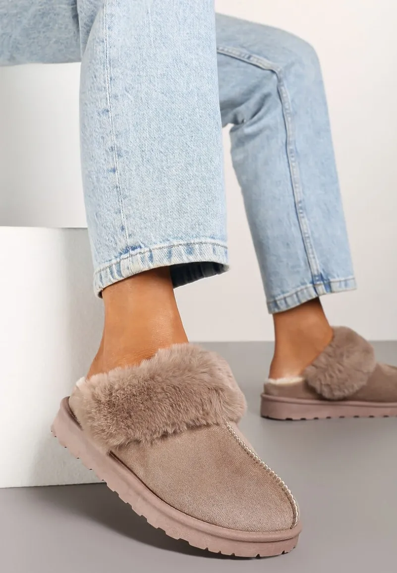 Ciemnobeżowe Kapcie z Ekozamszu z Futrzaną Wyściółką Zoleti