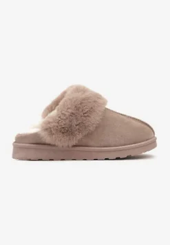 Ciemnobeżowe Kapcie z Ekozamszu z Futrzaną Wyściółką Zoleti