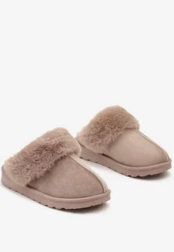 Ciemnobeżowe Kapcie z Ekozamszu z Futrzaną Wyściółką Zoleti