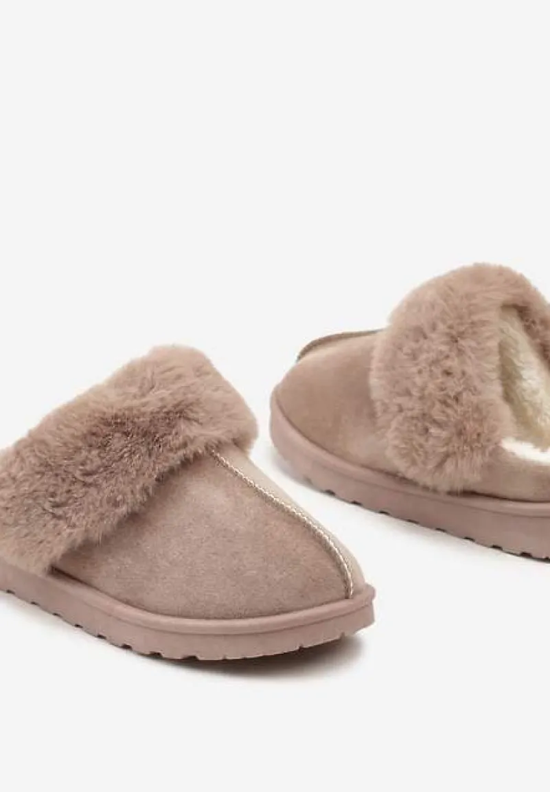 Ciemnobeżowe Kapcie z Ekozamszu z Futrzaną Wyściółką Zoleti