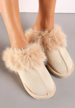 Ciemnobeżowe Kapcie z Futerkiem na Grubej Podeszwie Emmeniva