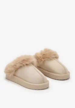 Ciemnobeżowe Kapcie z Futerkiem na Grubej Podeszwie Emmeniva