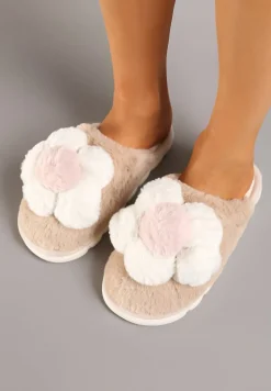 Ciemnobeżowe Kapcie z Futerkiem i Ozdobną Kwiatową Aplikacją Neallith