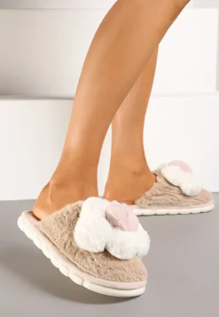 Ciemnobeżowe Kapcie z Futerkiem i Ozdobną Kwiatową Aplikacją Neallith