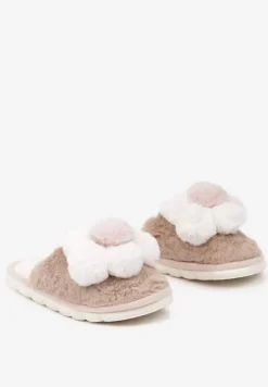 Ciemnobeżowe Kapcie z Futerkiem i Ozdobną Kwiatową Aplikacją Neallith