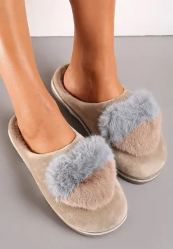 Ciemnobeżowe Kapcie z Pomponem w Kształcie Serduszka z Futerka Rafima