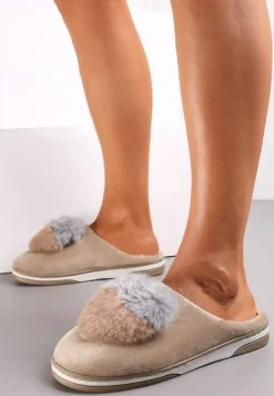 Ciemnobeżowe Kapcie z Pomponem w Kształcie Serduszka z Futerka Rafima