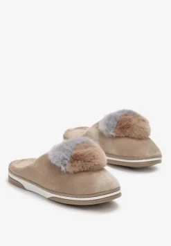 Ciemnobeżowe Kapcie z Pomponem w Kształcie Serduszka z Futerka Rafima