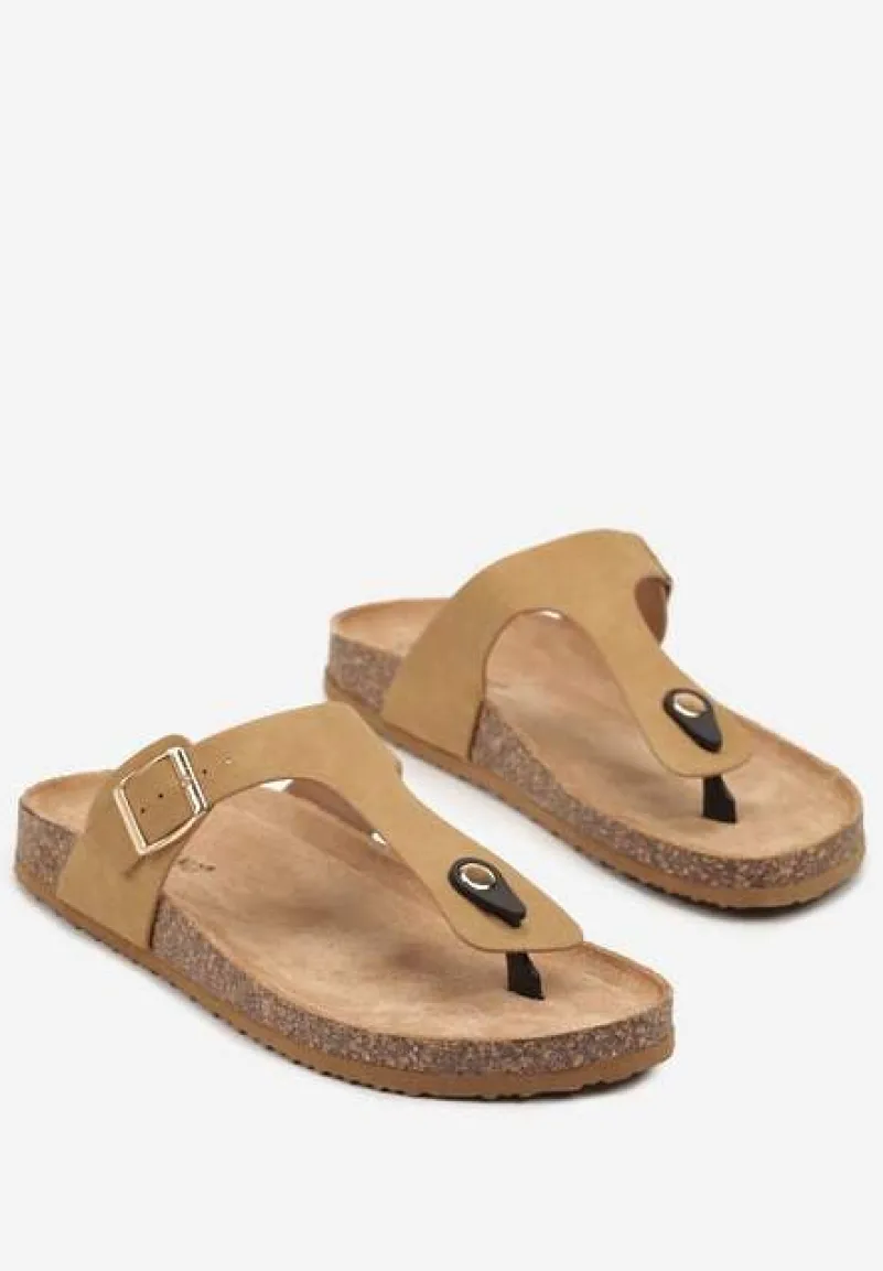 Ciemnobeżowe Klapki Japonki na Podeszwie z Imitacji Korka Idessa