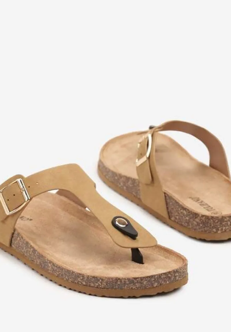 Ciemnobeżowe Klapki Japonki na Podeszwie z Imitacji Korka Idessa