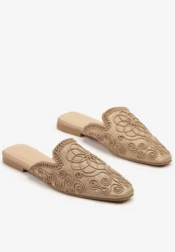 Ciemnobeżowe Klapki Mule Ozdobione Plecioną Cholewką Orrivana