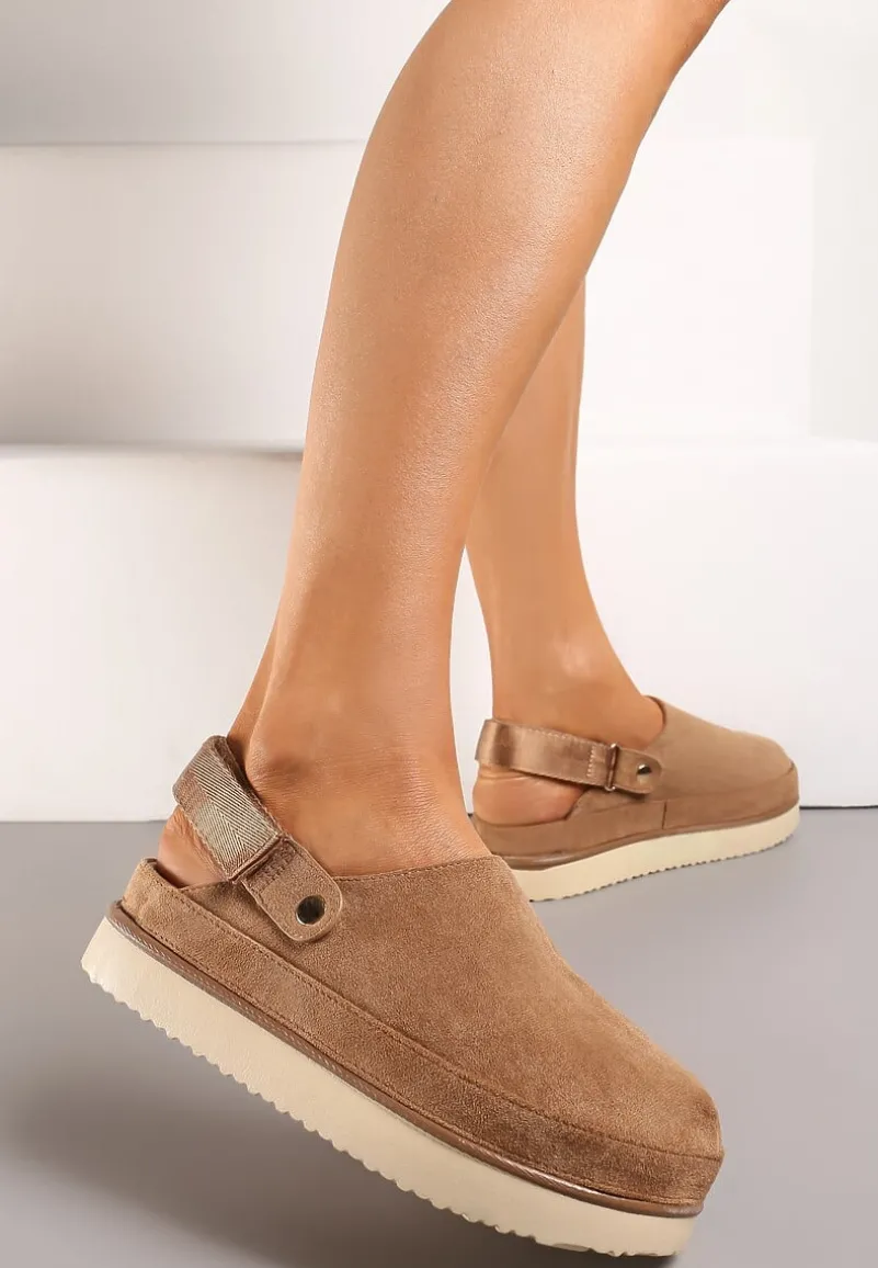 Ciemnobeżowe Klapki Mule w Stylu Chodaków na Niskiej Platformie Xrea