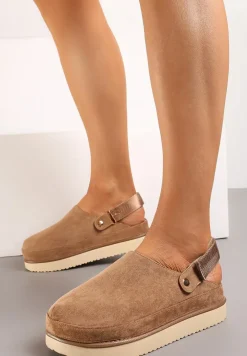 Ciemnobeżowe Klapki Mule w Stylu Chodaków na Niskiej Platformie Xrea