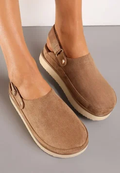 Ciemnobeżowe Klapki Mule w Stylu Chodaków na Niskiej Platformie Xrea