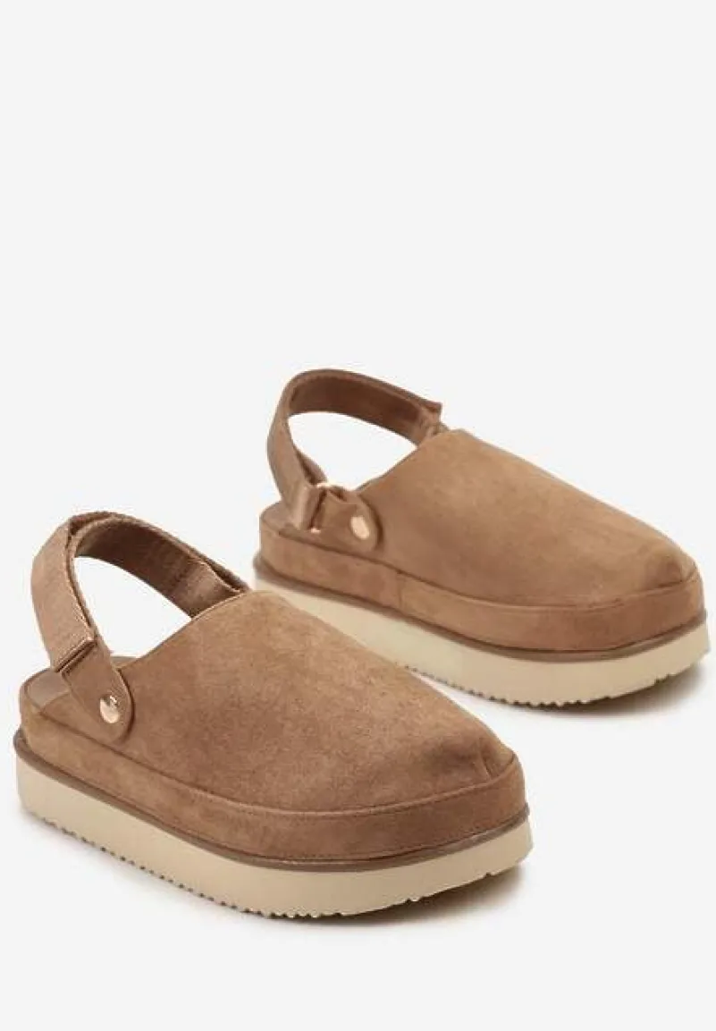 Ciemnobeżowe Klapki Mule w Stylu Chodaków na Niskiej Platformie Xrea