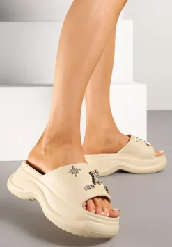 Ciemnobeżowe Klapki na Grubej Podeszwie z Cyrkoniami Islia