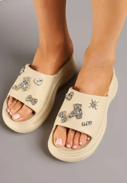 Ciemnobeżowe Klapki na Grubej Podeszwie z Cyrkoniami Islia