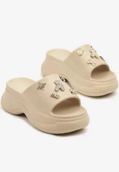 Ciemnobeżowe Klapki na Grubej Podeszwie z Cyrkoniami Islia