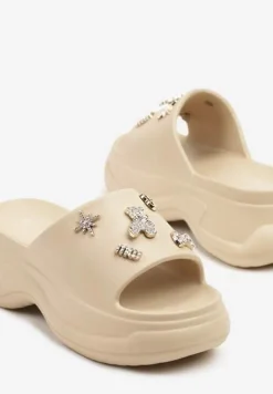 Ciemnobeżowe Klapki na Grubej Podeszwie z Cyrkoniami Islia