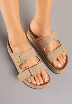 Ciemnobeżowe Klapki na Platformie z Korka Filonira