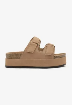 Ciemnobeżowe Klapki na Platformie z Korka Filonira