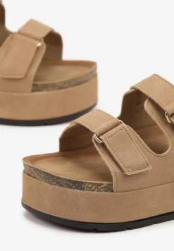 Ciemnobeżowe Klapki na Platformie z Korka Filonira