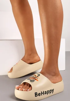 Ciemnobeżowe Klapki na Platformie z Pianki z Nadrukiem Misia Nelorea