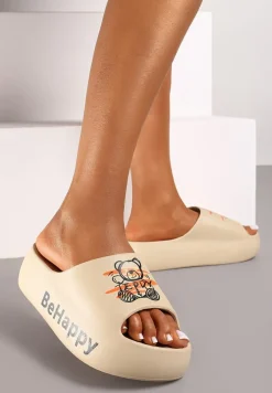 Ciemnobeżowe Klapki na Platformie z Pianki z Nadrukiem Misia Nelorea