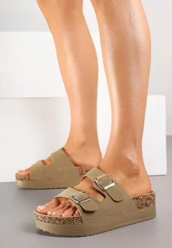 Ciemnobeżowe Klapki na Platformie z Ozdobnymi Klamrami Dolerria