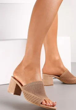 Ciemnobeżowe Klapki na Słupkowym Obcasie z Przezroczystym Paskiem Makensley