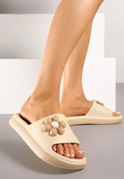 Ciemnobeżowe Klapki Piankowe Basenowe z Aplikacją Kwiatka Glemissea