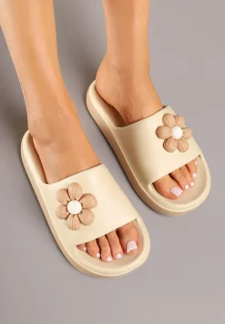 Ciemnobeżowe Klapki Piankowe Basenowe z Aplikacją Kwiatka Glemissea