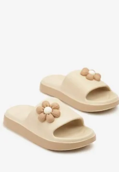 Ciemnobeżowe Klapki Piankowe Basenowe z Aplikacją Kwiatka Glemissea