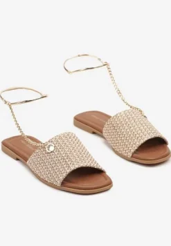 Ciemnobeżowe Klapki z Łańcuszkiem na Kostkę Naniriea