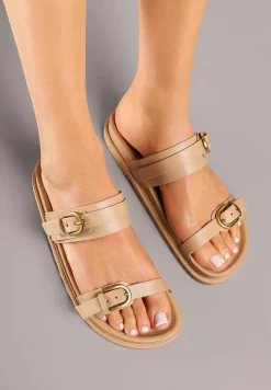 Ciemnobeżowe Klapki z Dwoma Paskami Filwenia