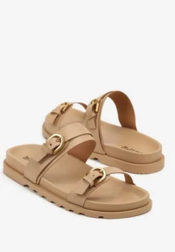 Ciemnobeżowe Klapki z Dwoma Paskami Filwenia