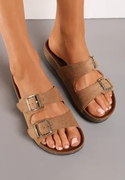 Ciemnobeżowe Klapki z Ekozamszu z Profilowaną Wkładką z Paskami i Klamrami Lettiea