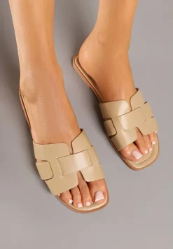 Ciemnobeżowe Klapki z Geometryczną Cholewką Pollevela