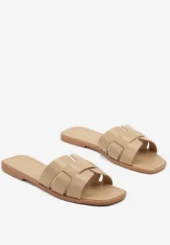 Ciemnobeżowe Klapki z Geometryczną Cholewką Pollevela