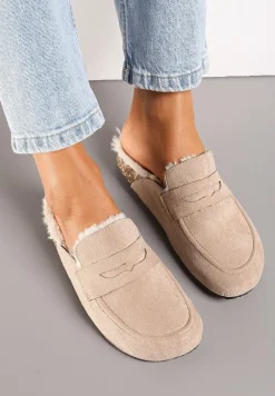 Ciemnobeżowe Klapki z Imitacji Zamszu na Korkowej Podeszwie z Futerkiem i Przeszyciami Sileath