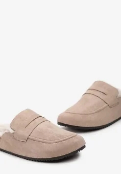 Ciemnobeżowe Klapki z Imitacji Zamszu na Korkowej Podeszwie z Futerkiem i Przeszyciami Sileath