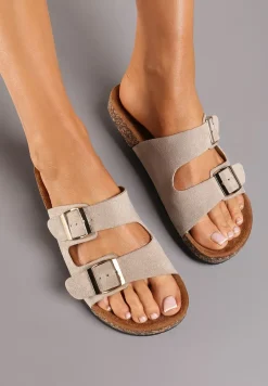 Ciemnobeżowe Klapki z Imitacji Zamszu na Podeszwie z Korka i Regulowanymi Paskami Naloenma