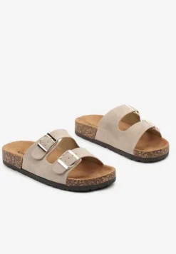 Ciemnobeżowe Klapki z Imitacji Zamszu na Podeszwie z Korka i Regulowanymi Paskami Naloenma
