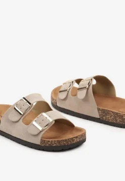 Ciemnobeżowe Klapki z Imitacji Zamszu na Podeszwie z Korka i Regulowanymi Paskami Naloenma